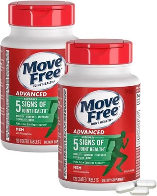 2 Pack Move Free Joint Health Advanced MSM With Glucosamine Coated Tablets 120