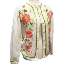 Vintage 60s 70s Floral Embroidered Cardigan Women S Grandmacore Cottage Chunky