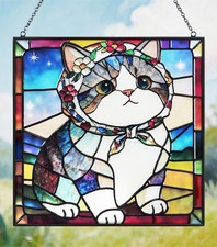 Colorful Cat Stained Glass Suncatcher, 7.9" Window Hanging Decor for Indoor Use