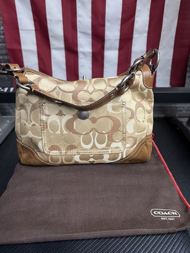 Coach Chelsea Optic Signature Beige Brown Shoulder Hobo Bag Turnlock D06K-10142