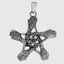 Pentagram Witch Necklace Amethyst Broom Pendant Wiccan Sterling Silver 925