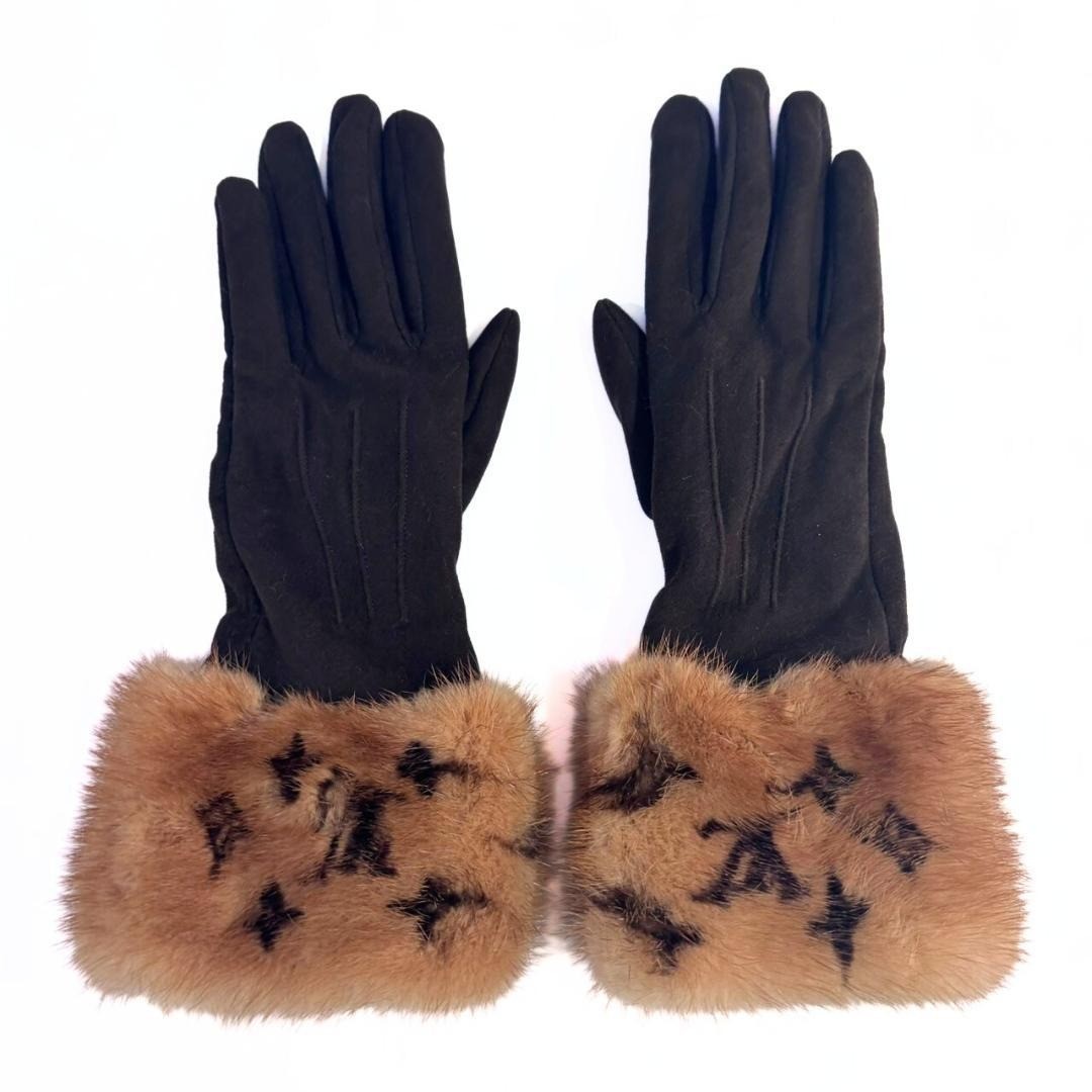 LOUIS VUITTON LV Monogram Logo Mink Suede Gloves Brown Vintage