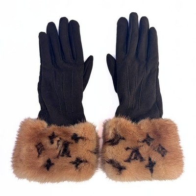 LOUIS VUITTON LV Monogram Logo Mink Suede Gloves Brown Vintage