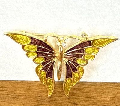 Vintage SFJ Enamel Butterfly Moth Brooch Goldtone Brown Yellow Autumn 2.25'' EUC