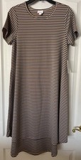 Lula Roe Womens Carly Dress sz Small Stripe Blue-Tan Short Sleeve Stretch NEW