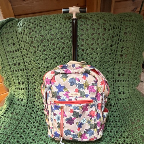 Vera Bradley Floral Canvas Rolling Backpack Wheels Telescoping Handle Beige