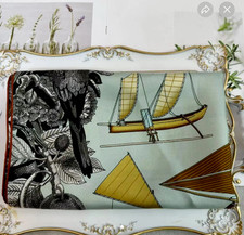 35"x35"Colorful Boats Print Pure Mulberry Twill Silk16momme Double-sided Scarf