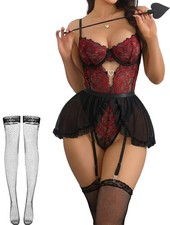 Women Lingerie Sets with Garter Belt 4 piece Lace Teddy Babydoll Bodysuit Lac...
