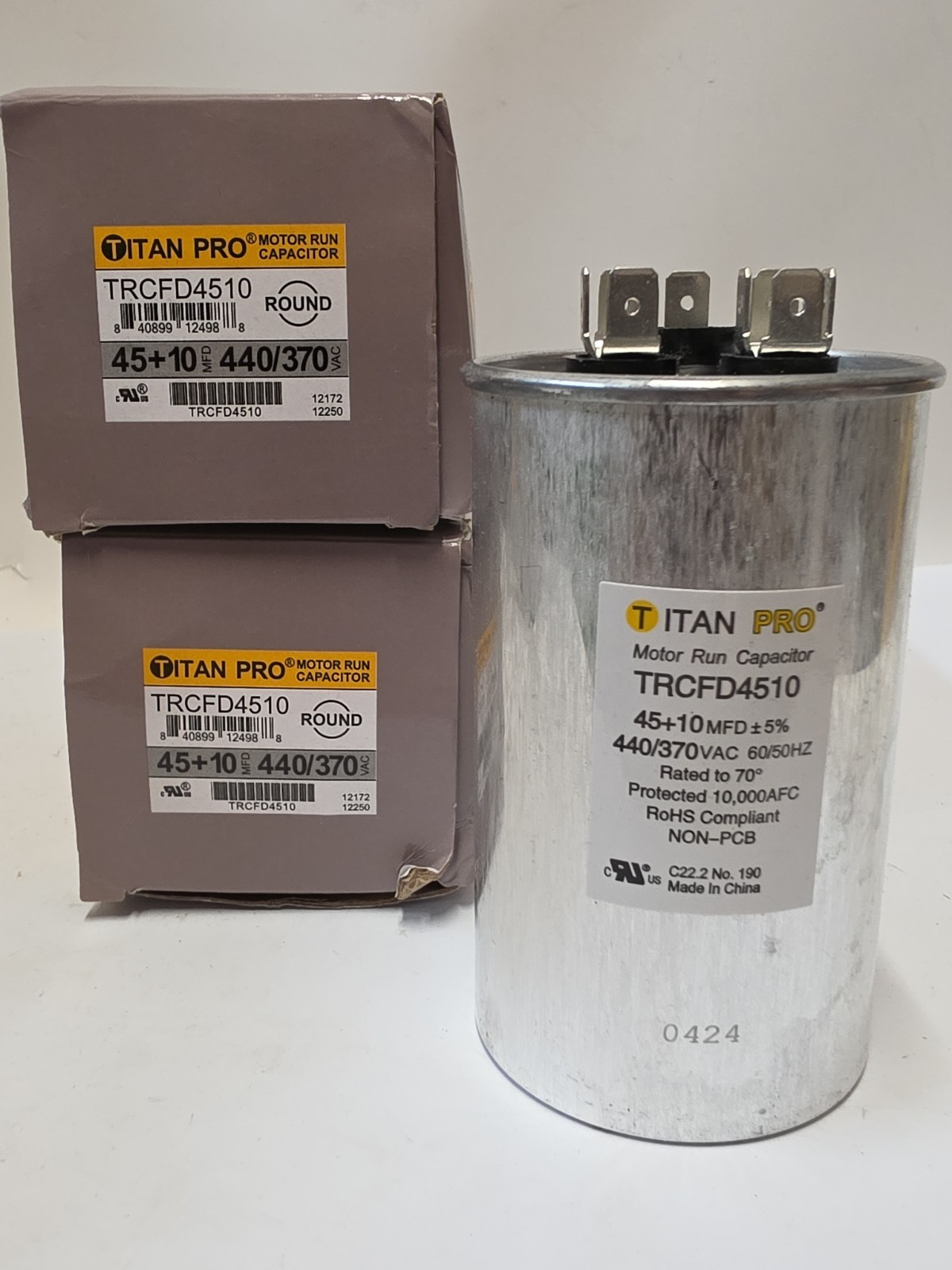 Pack of 2 Titan Pro TRCFD4510 Round Dual Run Capacitor 45+10 MFD 440/370V NEW