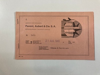 Pavoni, Aubert&Cie. S. A. Flight Ticket 1965 Old Ticket Fribourg to Milano
