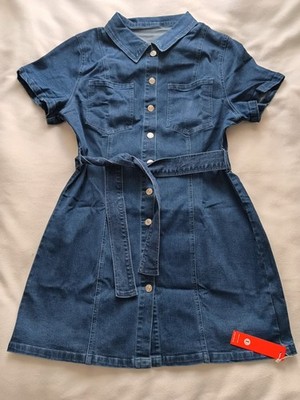 Blue Denim Shirt Dress Collared Button-Front Belted Short Sleeve Women s L $98