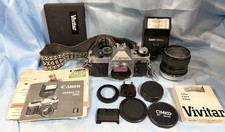 Canon AE-1 35mm Camera LOT Cimko Lens Vivitar Filter  Kit Manuals VINTAGE 1982