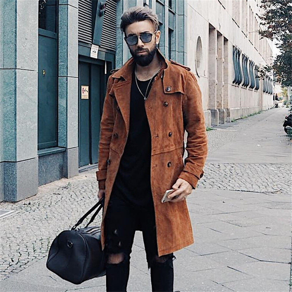 Men's Suede Trench Coat French Overcoat Winter Warm Business Woolen Coat