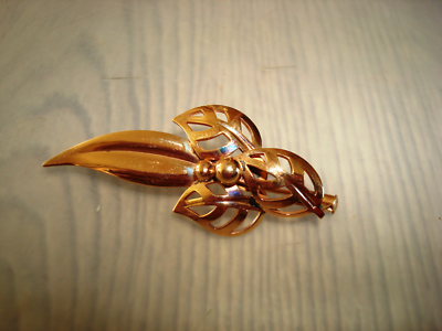 Broche Feuille Ancienne Vintage Art Déco - Plaqué Or Avec Poinçon - Occasion