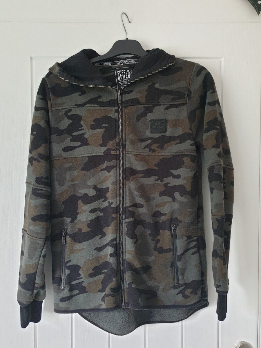 Black Supply And Demand Mens Hoodie Zip Up Jumper With Camo Print