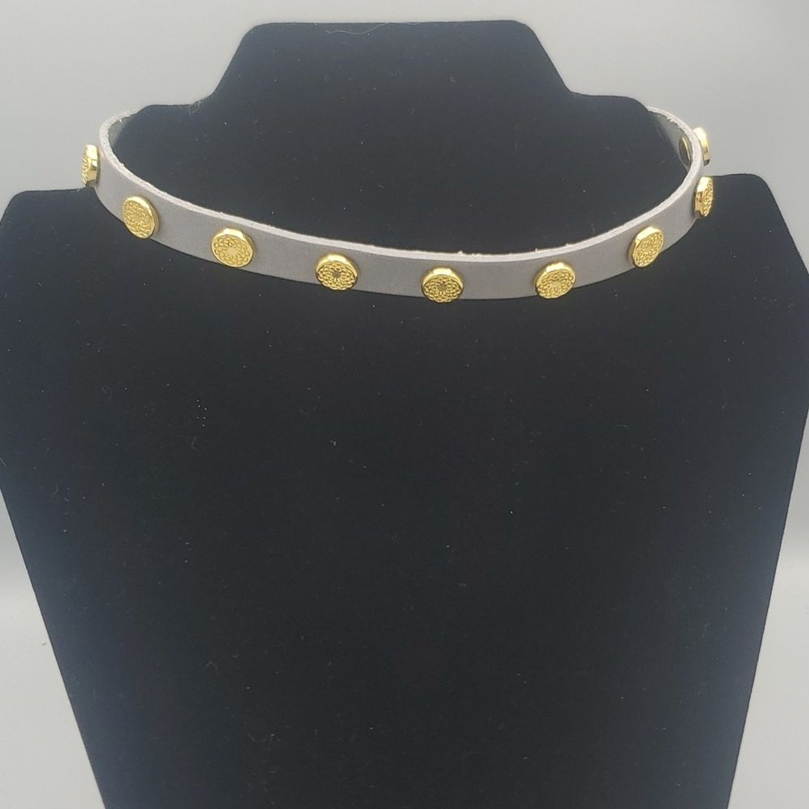 Gold-Plated Grey Leather Studded Choker Necklace  