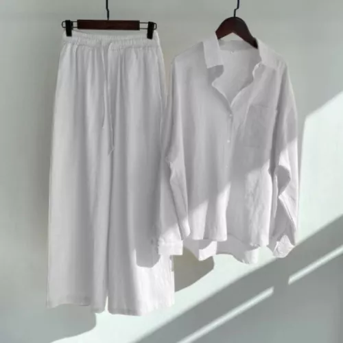 Women Lady Summer Solid Color Cotton Linen Suit Lapel Long Sleeve Top Leg Pants - Bild 34 von 42