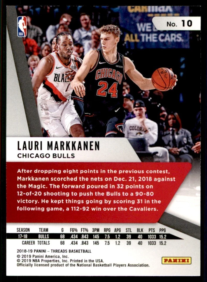2018-19 Panini Threads #10 Lauri Markkanen - Image 2 of 2