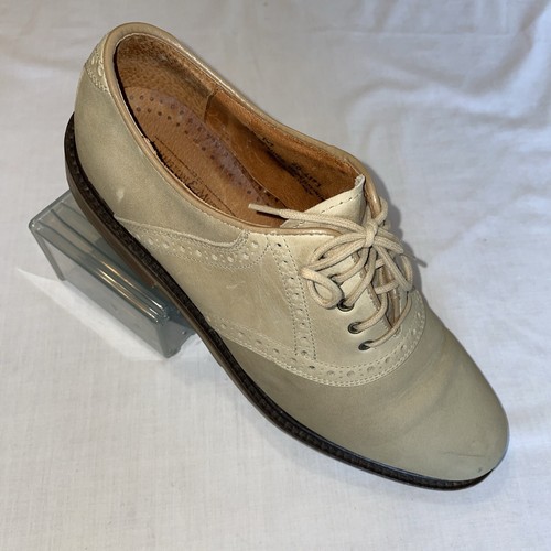Johnston & Murphy Mens Saddle Oxfords Sz 9.5 M Beige Leather Block Heels Italy