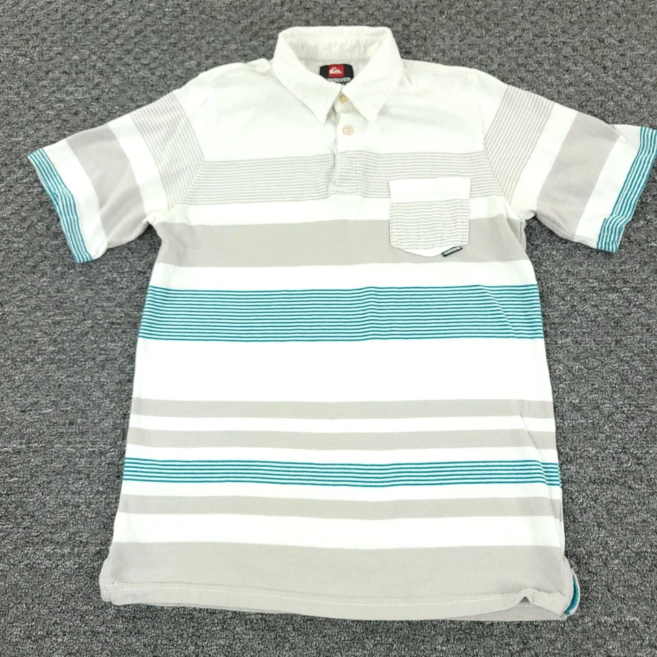 Quicksilver рубашка-поло для мальчиков большой 16 белый синий серый полоски серфинга открытый - Изображение 2 из 4