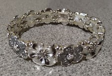 Beautiful Flower Bright Silvertone and Rhinestone Stretch Bracelet Wedding Bride