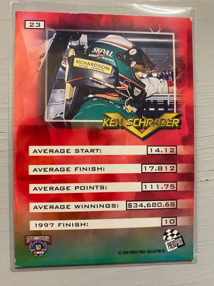 Ken Schrader #23 "Explosive" - 1998 Press Pass VIP NASCAR Card - Image 2 of 2