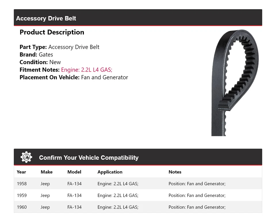 Ventilador de correa de transmisión de gasolina y puertas del generador 1959 1959 para Jeep FA-134 2,2 L L4 Foto 2 de 4