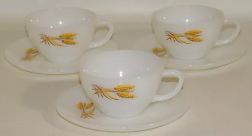 Vintage Fire King White Milk Glass Wheat Tea Coffee Cup & Saucer - Lot of 3 - EX
