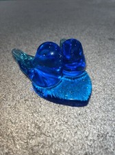 Glass Pair Blue Birds of Happiness On Heart Signed Leo Ward 1988
