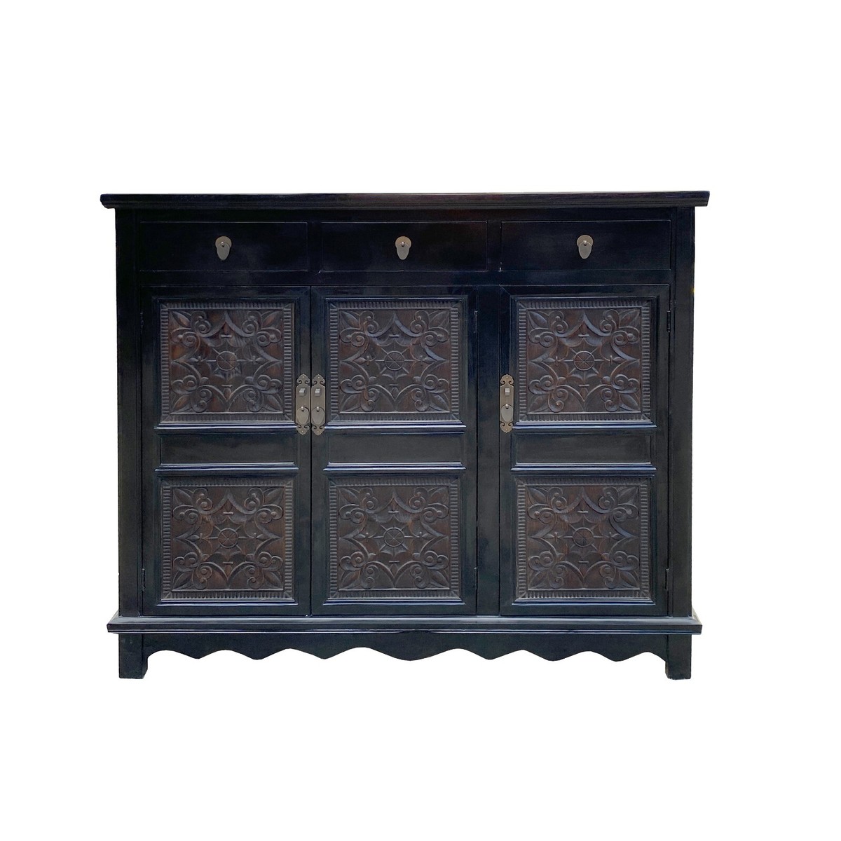 Asian Black Flower Motif Carving Side Table Credenza Storage Cabinet cs7503S Asian Black Flower Motif Carving Side Table Credenza Storage Cabinet cs7503S