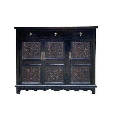 Asian Black Flower Motif Carving Side Table Credenza Storage Cabinet cs7503S Asian Black Flower Motif Carving Side Table Credenza Storage Cabinet cs7503S