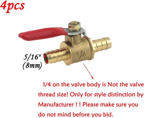 4 Pcs Forged Brass Ball Valve Mini Shut Off Switch, 5/16" Hose Barb x 5/16" Hose - Picture 2 of 3