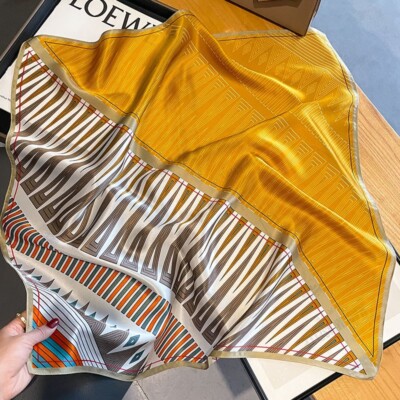 100% Pure Silk 27'' Square Scarf Women Neckerchief Wrap Fashion Yellow Geometric