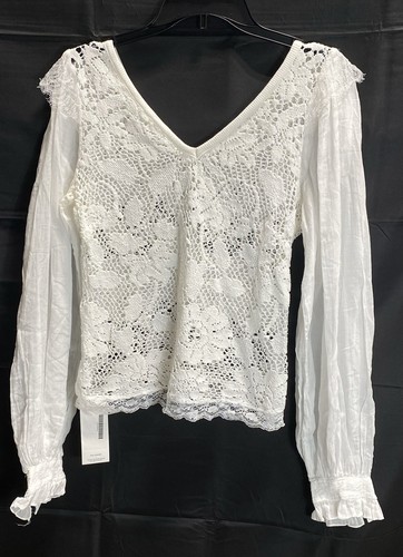 D&G Women's White Lace Blouse Long Sleeve V-Neck Ruffled Cuffs Small