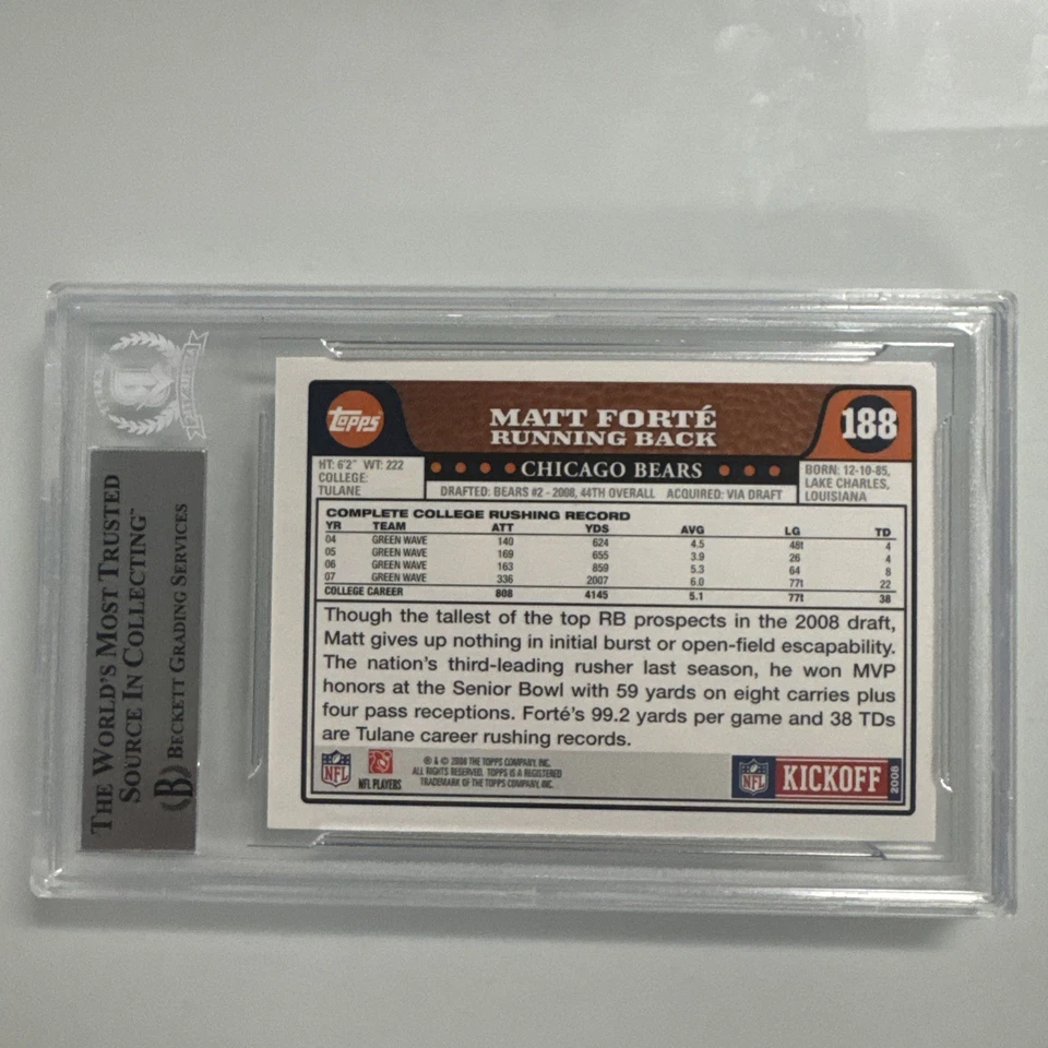2008 Topps Matt Forte Auto Autograph Becket BGGS Bears - Image 2 of 2