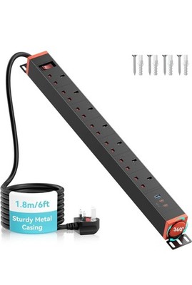 7-fach Verlängerungskabel mit 2 USB-C PD 20W, Steckdosenleiste zur Wandmontage 7 Steckdosen