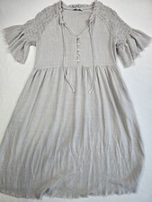 Polagram Womens S Gray Beige Smocked Linen Blend Midi Dress Modest Oversized