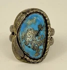 Vintage Native American Signed Sterling Silver Sawtooth Turquoise Ring, Sz 12