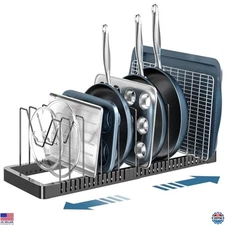 Expandable Pots and Pans Organizer Rack with 10 Adjustable Compartments