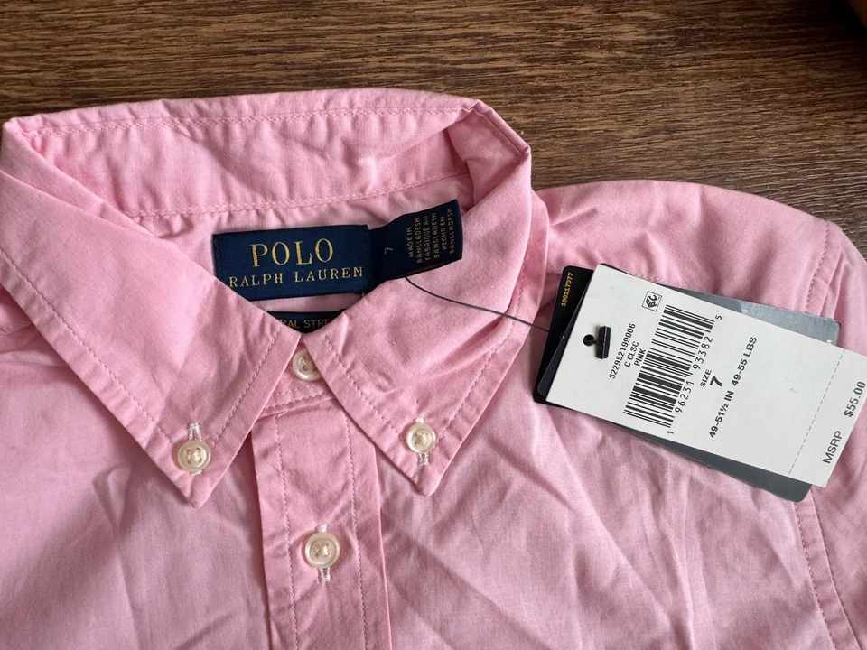 NUEVO CON ETIQUETAS Polo Ralph Lauren Abotonado Rosa Niños Niños Camisa Talla 7 Precio de venta sugerido por el fabricante $55 Foto 2 de 2