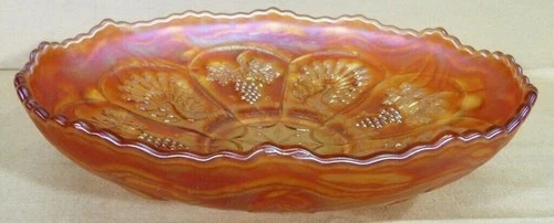 Vintage Fenton Marigold Carnival Glass Peacock And Grapes Sawtooth Rim Bowl 8.5”