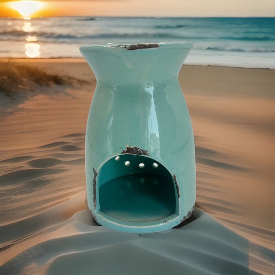 Calentador de aceite de cera de cerámica azul aguamarina envejecido recorte decoración de playa costera Foto 2 de 4