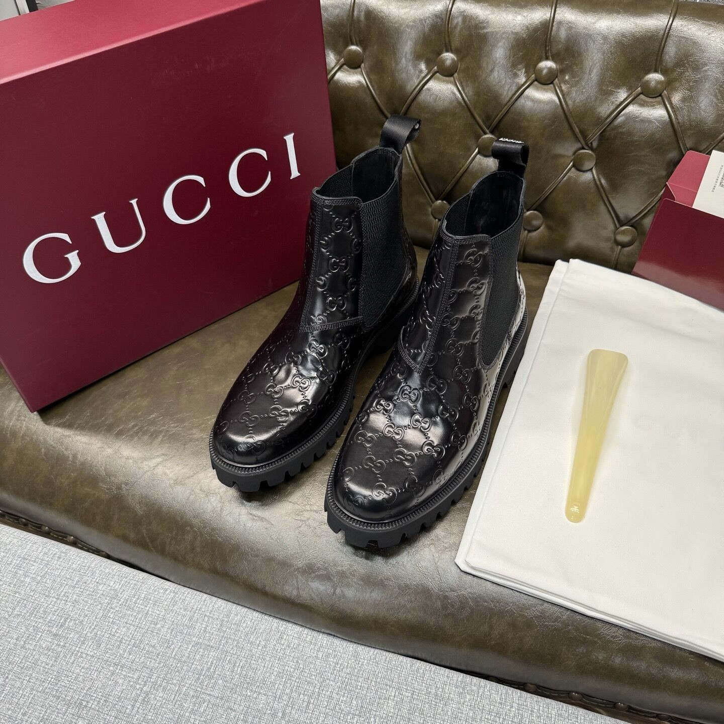 Red Embossed Box Men's Gucci GG Embossed Black Leather Chelsea Boots, Lug Sole Ankle ...
