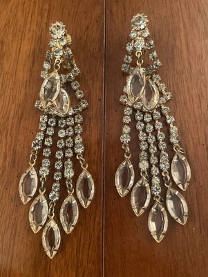 Juliana D & E Clear Rhinestone Glass  3 1/2  L  Waterfall Clip-on Earrings