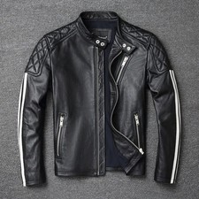 Men s Black Real Leather Biker Quilted Shoulder Cafe Racer Slim Fit Moto Jacket