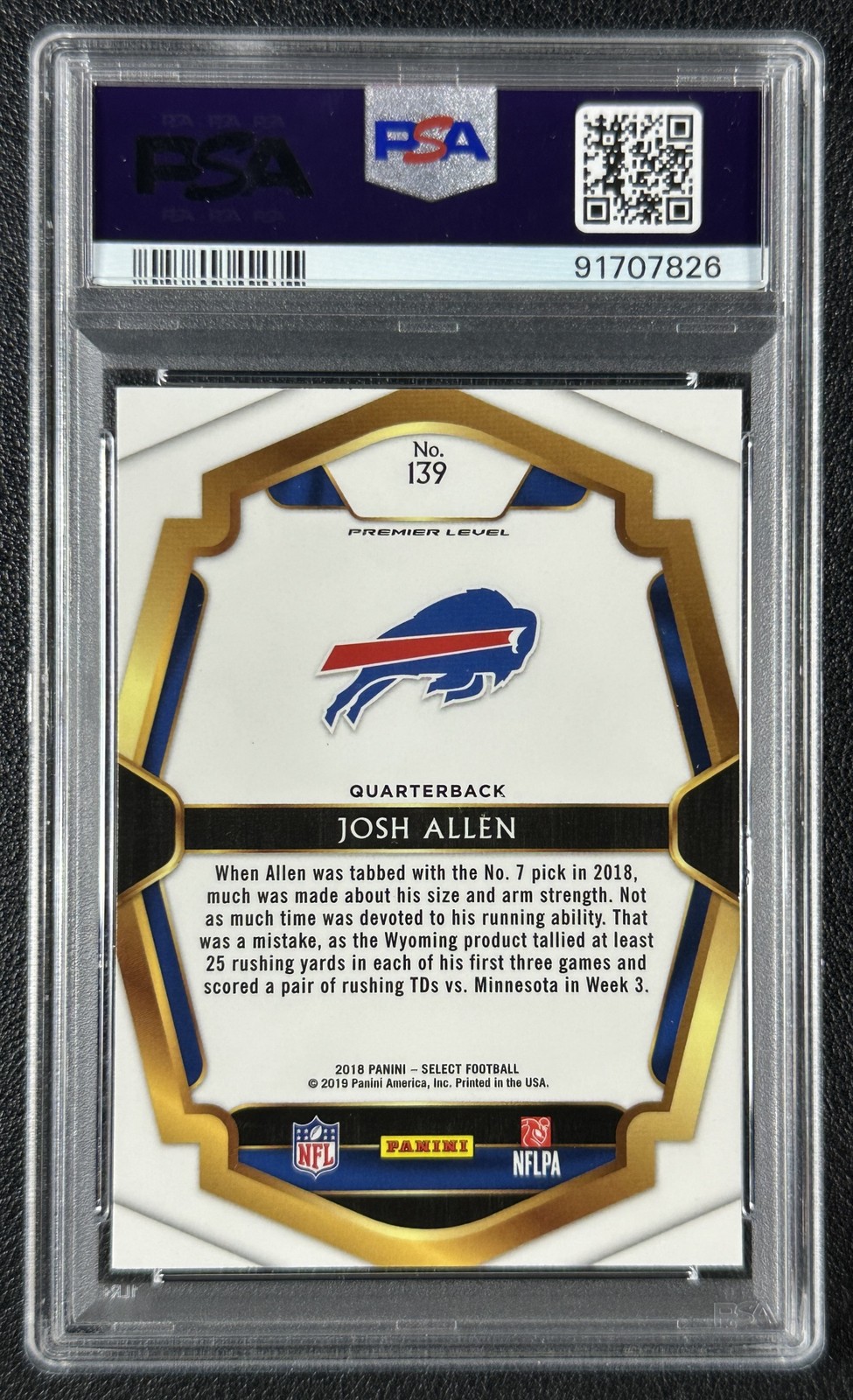 JOSH ALLEN PSA 10 2018 PANINI SELECT #139 ROOKIE RC PREMIER LEVEL BILLS 7826 view 2