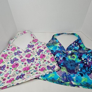 Unbranded Girls Two Halter Neck Swim Tops Blue White Floral Hearts 161/2 & 181/2