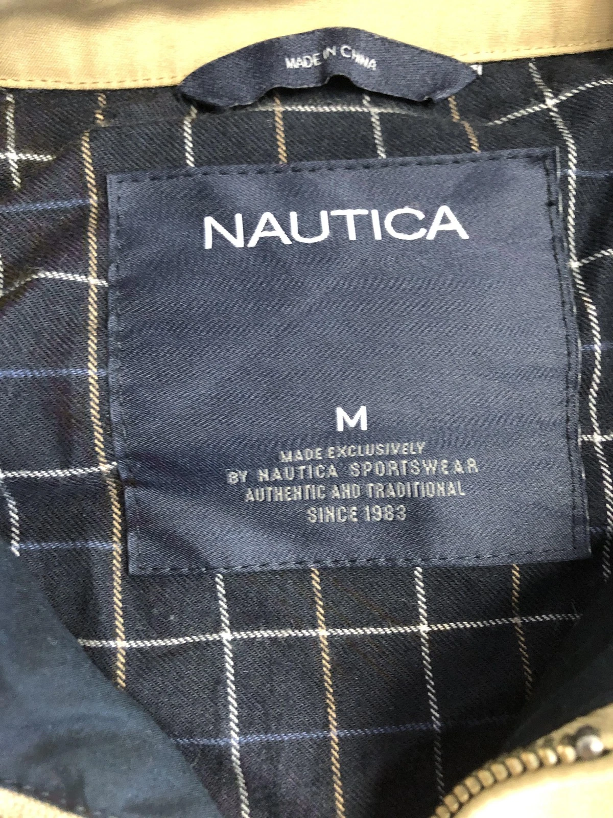 Nautica Jacket Mens Medium Khaki Bomber Zip Front Plaid Lined Logo image 6