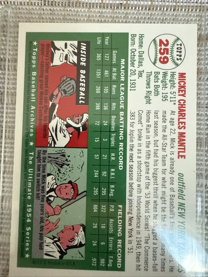 1994 Upper Deck All-Time Heroes 米奇·地幔 1954 年 Topps 档案 #259 — 第 2/2 张图片