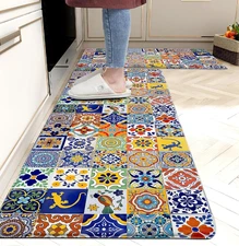 Boho Kitchen Rugs Set 2 Pieces Memory Foam Colorful Ceramic Comfort Tile Floor M